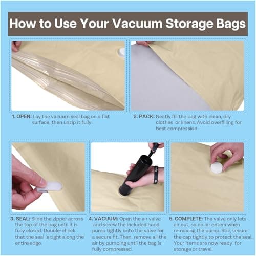 Vacuum Seal Bags for Clothing & Travel by MMOBIEL – Sturdy Space Saver Vacuum Storage Bags - Reusable Compression Packing for Moving, Long-Term Storage – 6 Pack (S/M/L) – Incl. Hand Pump - Brown/Beige — view 6