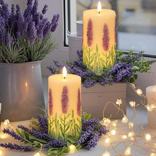 Eldnacele Lavender LED Candles Battery Operated with 6 Hour Timer, Real Wax Hand-Painted Flameless Pillar Candles with Flickering Flame for Christmas Decorations(2 Pack, 3" D x 6.5" H) — view 3
