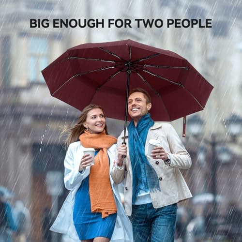 TECKNET Windproof Automatic Umbrella - Strong Compact Travel, Large Wind Resistant With 10 Ribs, Folding Lightweight Golf for Rain - Men, Red — view 4