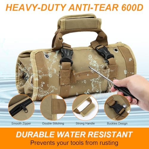 Adiwo Tool Bag, Foldable Roll Up Heavy Duty Bag Organizer, Tool Roll Pouch with 2 Detachable Tool Pouch, Multi Purpose Organizer for Mechanics, Great Gifts for Grandpa Dad Boyfriend, Khaki — view 3