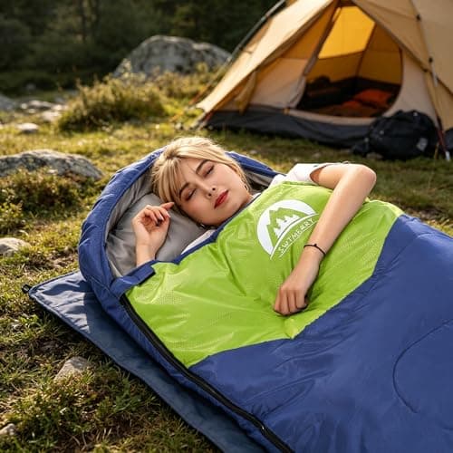 Sleeping Bag 3 Seasons (Summer, Spring, Fall) Warm & Cool Weather - Lightweight,Waterproof Indoor & Outdoor Use for Kids, Teens & Adults for Camping Hiking, Backpacking and Survival (Blue Green) — view 4