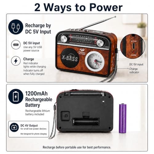 PRONLY Vintage Portable AM/FM Radio with Bluetooth, Clock & Flashlight — view 5