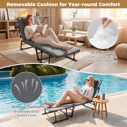 COSTWAY 3 in 1 Folding Camping Cot, Comfy Padded Convertible Single Sofa Chair with 6-Position Adjustable Backrest and Headrest, Heavy Duty Metal Chaise Lounge Sleeper Bed (185 x 60.5 x 38 cm) — view 2