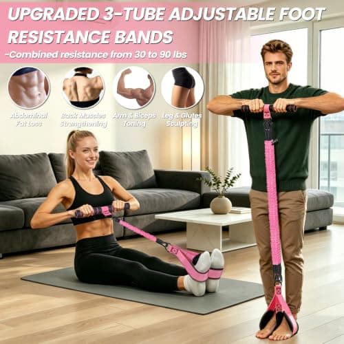 Pedal Resistance Band with Handle, 3-Tube Exercise Band for Women, Pink — view 3
