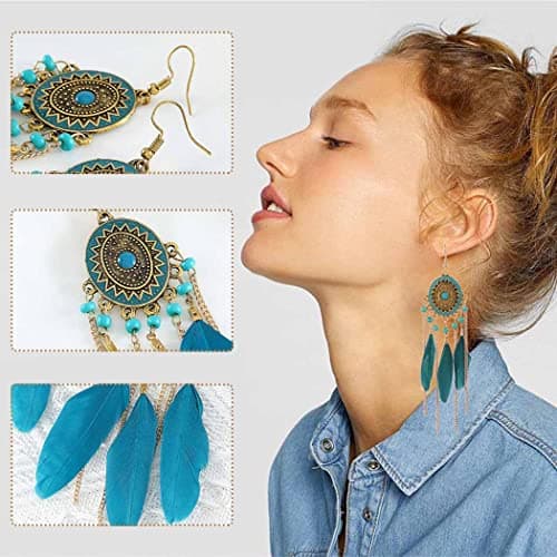 Bohend Boho Feather Tassel Earrings Gold Long Turquoise Earring Bohemia Travel Beach Bead Chain Ear Accessories for Women and Girls (Blue) — view 3