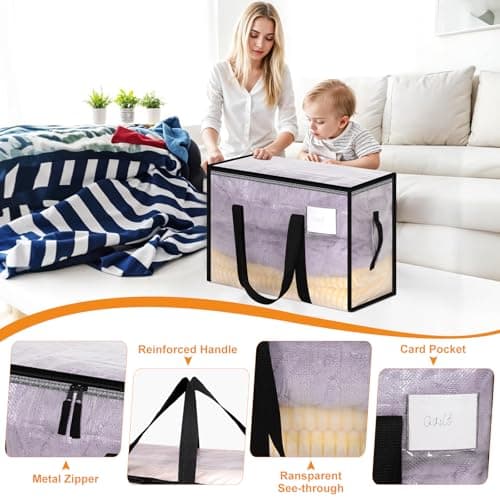 Yafe 3 Pack Medium Clothes Storage Boxes with Lids, 48L Transparent Capacity Storage Bags Storage Organiser Moving Bags Packing Boxes for Moving House Clothes Bedding Duvet Toys Storage(48L) — view 3