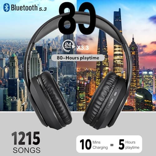 WorWoder 80Hrs Wireless Over Ear Headphones, Bluetooth 5.0 Wireless & Wired Mode, HiFi Stereo Sound with Mic, Lightweight Headset with Deep Bass for Work Travel Online Class (BLACK) — view 2
