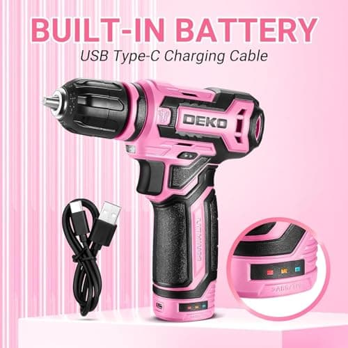 Cordless Drill：DEKOPRO 12V Power Battery Drill Set with Small Electric Drills and 3/8-inch Keyless Chuck with Portable Tool Set Gift Box (Pink) — view 5