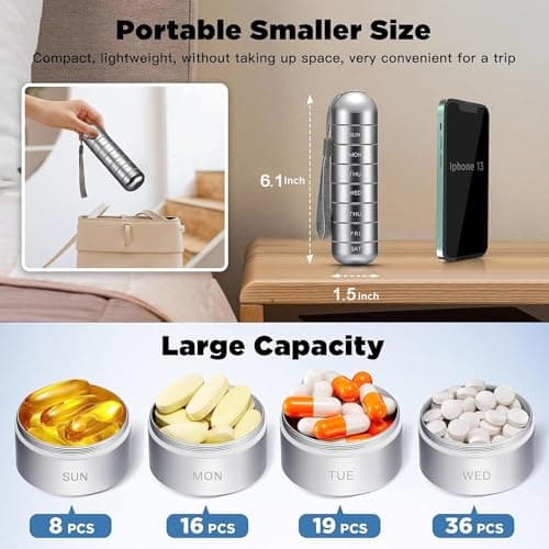 Metal Pill Organizer Weekly,Stackable Waterproof Travel Pill Box,Travel Hiking 7 Day Pill Box Case,Date Display,Large Compartment to Hold Pills, Vitamins,Fish Oil, Supplements (Dark Grey) — view 3