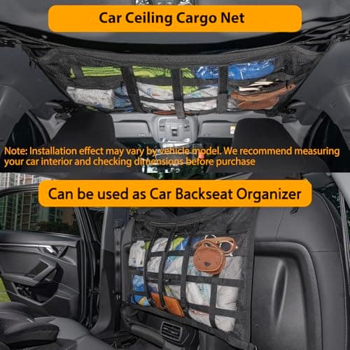 Car Ceiling Cargo Net with 3 Pockets,35.4"x23.6" Car Overhead Storage Mesh Organizer,Double Layer Roof Mesh Camping Overlanding Gear Must Haves Cargo Net,Road Trip Essentials (35.4"x 23.6") — view 2