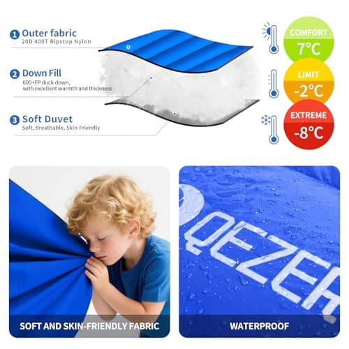 QEZER Down Sleeping Bag 4 Season, Lightweight Winter Sleeping Bag 7 Degree to -2 Degree for Adults and Kid Camping, Hiking and Backpacking Outdoor Filled 600+FP Down (sapphire800) — view 3
