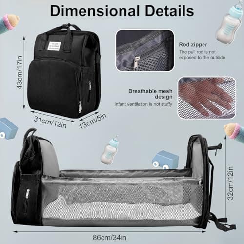 Jalann Baby Changing Bag, Nappy Changing Bag for Mums, Large Capacity Baby Bags with Changing Mat, Waterproof Portable Diaper Backpack, Shoulder Straps for Travel (Black) — view 5