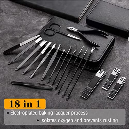 Manicure Pedicure Set -18pcs | Stainless Steel Professional Manicure Pedicure Kit Nail Clipper Set For Men Women | Nail Cutter Set Scissors Grooming Kit With Pu Leather Zip Case For Travel(Black) — view 2