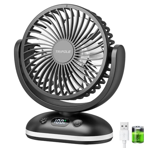 TriPole 4000mAh Rechargeable Desk Fan 31H Runtime, 4 Speed Portable USB Fan with LED Display, Battery Operated Ultra Quiet Table Fans, Head Adjustable for Office, Bedroom, Camping, Travel (Black)