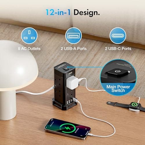 VonHaus Tower Extension Lead (3250W 13A), Surge Protection Extension Socket with 8 AC Outlets, 2 USB Ports & 2 USB-C Ports for Faster Charging, 2M Plug Lead w/Switch for Office, Home, Kitchen — view 2