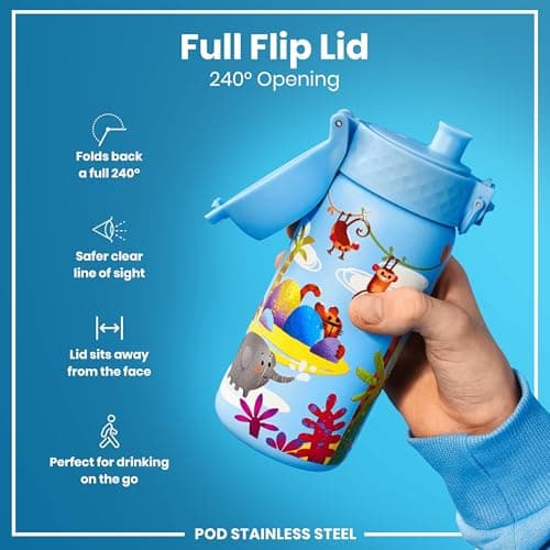 Ion8 Lightweight Steel Kids Water Bottle, 400ml/13oz, Non-Insulated, Leak Proof, Easy to Open, Secure Lock, Dishwasher Safe, Fits Cup Holders, Carry Handle, Metal Water Bottle, Blue, Safari — view 4