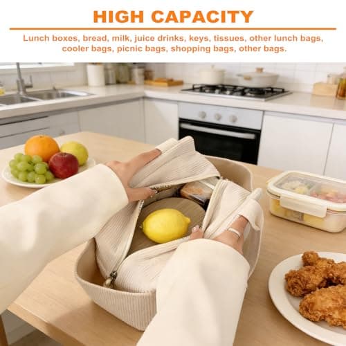 LoNinLoAn Corduroy Lunch Bag for Women, Large Insulated Food Tote, 13.5L — view 4