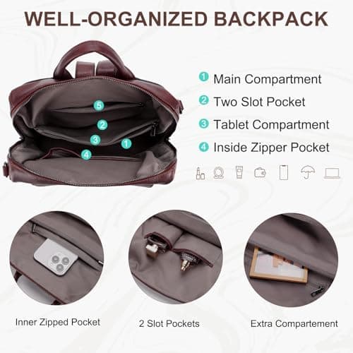 VASCHY Backpack for Women, Large Vegan Leather Rucksack with Wallet Set Convertible Handbag for Lady Guitar Strap Burgundy — view 4