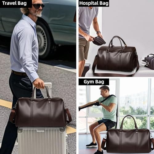 Lumavox Travel Duffel Bag Waterproof Leather Retro Overnight Weekend Bag with Shoe Pouch,Large Carry On Bag Gym Holdall Bag for Men,Brown — view 6