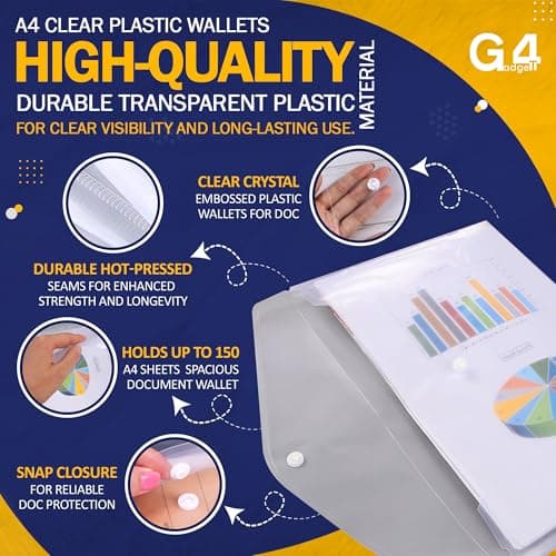 G4GADGET A4 Clear Plastic Wallets – Pack of 5, Popper Document Folders with Label Pocket & Snap Button – Multicolored Plastic Envelope for Home, Office, School & Travel — view 3