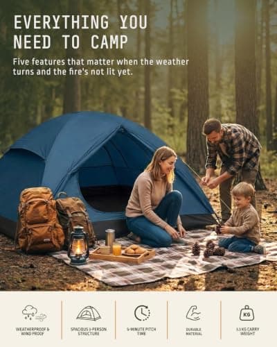 Voyager 3 Man Tent - Waterproof, Windproof, Quick Setup, Spacious 3-Person Camping Tent, Durable, Lightweight Outdoor Shelter, Ideal for Hiking, Backpacking, Camping- 225x185x120cm — view 2