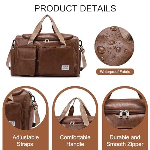 seyfocnia PU Leather Travel Bag with Shoe Pouch, Small Carry On Weekender Overnight Bag Waterproof Travel Duffel Bags Gym Bags for Men or Women, Brown — view 4