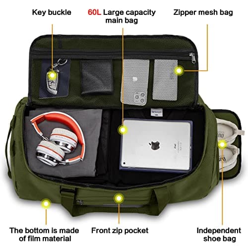 Lyweem Travel Duffel Bag for Men, 60L Large Sports Duffle Bag Backpack for Women Weekender Overnight Holdall Bags with Shoes Compartment Multifunctional Gym Bags, Green — view 5