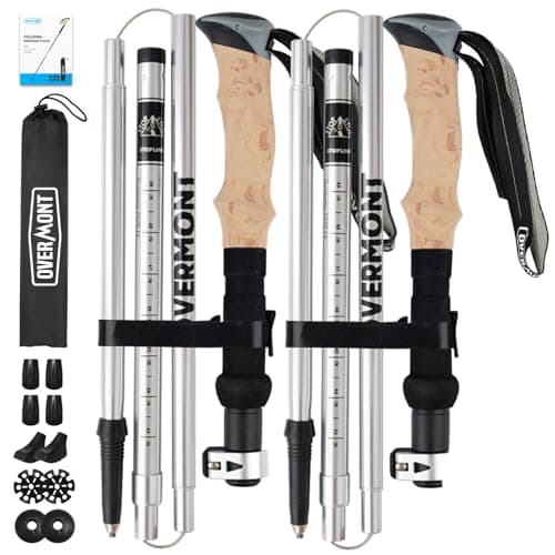 Overmont Hiking Poles Foldable Aluminium Ultralight - Adjustable 105-125 cm Trekking Poles - Nordic Walking Poles 1 Pair with All-Terrain Accessories Grey