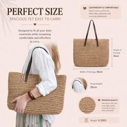 Large Straw Woven Summer Beach/Shopper Tote Handbag (Brown) — view 5