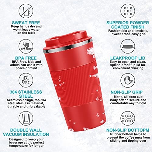 YINJOYI Travel Mug Reusable Coffee Cups Thermal Insulated Vacuum Insulation Stainless Steel Bottle for Hot Cold Drinks (Red, 510ml) — view 3