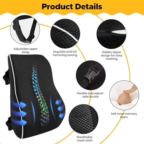 wiksite Lumbar Support Cushion - Back Support Cushion for Office Chairs/Car Seat Memory Foam Large Pillow Mesh Back Rest for Recliner with Adjustable Straps — view 5