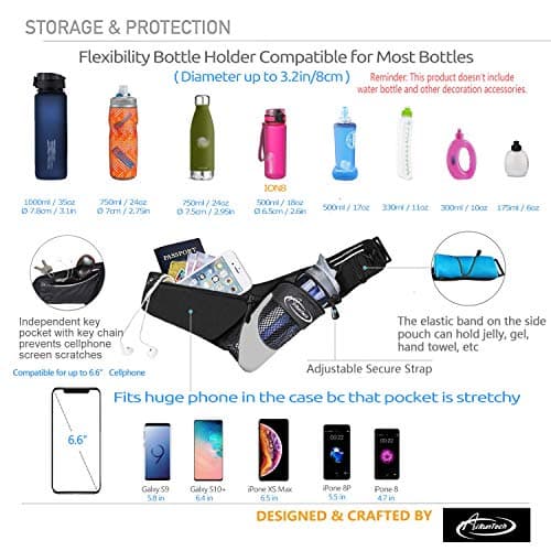 AiRunTech Running Belt with Water Bottle Holder No Bounce Hydration Belts Waist Pack Bag Fits iPhones for Runners Marathon Running Hiking Cycling (Without Bottle Hydration Belt (Black)/L — view 6