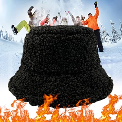 Winter Faux Fur Fuzzy Bucket Hats for Festivals Teddy Fleece Sports Hats Warm Winter Outdoor Travel Festival Gift Fisherman Hat Lightweight Outdoor Dressy Hat (Black, One Size) — view 3