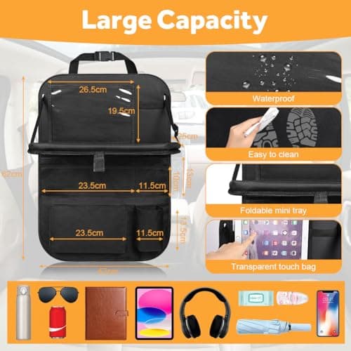 URAQT Car Seat Organizer, Car Organiser for Kids, 8 Storage Pockets with Foldable Table Tray and Tablet Holder, Multifunctional WaterProof Back Seat Protector, for SUV, Truck, Travel Accessories — view 2