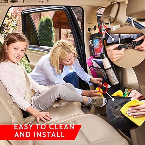 Helteko Backseat Car Organizer, Kick Mats Back Seat Protector with Touch Screen Tablet Holder, Back Seat Organizer for Kids, Travel Accessories with 9 Storage Pockets 2 Pack, Black — view 5