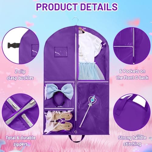 AMFUN Suit Bag with Zipper, Dance Costume Garment Bags for kids, Waterproof Hanging Suit Bags, Foldable Lightweight Garment Bags, Lightweight Clothes Cover for Wardrobe and Travel, Purple — view 2