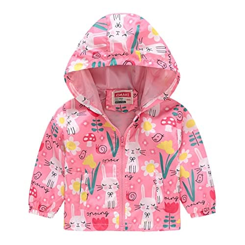 Toddler Baby Waterproof Rain Jacket Cute Animal Graphic Zipper Raincoat Kids Boys Girls Spring Fall Windproof Lightweight Hooded Windbreaker with Pockets Trendy Casual Rain Coat (Pink, 12-18 Months)