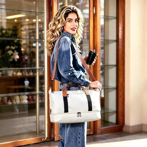 Travel Duffel Bag, Foldable Waterproof Overnight Holdall Bag, Carry On Luggage Weekend Bag with Wet and Dry Separation, Hospital Sports Gym Tote for Women and Men (White) — view 5