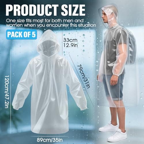 Chyaya 5 Pack Waterproof Poncho Adult, Emergency Portable Raincoat, Clear Rain Poncho with Sleeves & Hood, Reusable Rain Poncho Waterproof for Hiking Cycling Camping Travelling Festival — view 2