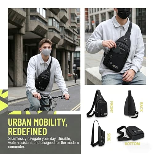 Cross Body Bag Women Men, Waterproof Shoulder Bag Sling Chest Bags with Headphone Port Small Side Bags Crossbody Man Bag for Travel Gym Hiking Running Outdoor Sports Festival Shoulder Backpack (Black) — view 5
