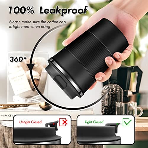 EALLEN Travel Mug with Leakproof Lid,Insulated Reusable Coffee Mug for Hot&Cold Drinks/Tea,Portable Stainless Steel Thermal Takeaway Travel Coffee Cup for Car/Outdoor/Picnic/Office/School (Black) — view 5