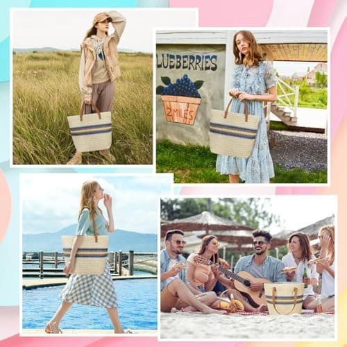 Aucuu Straw Bag, Straw Shoulder Bag for Women, Large Zippered Handbag Tote Bag, Handheld Shoulder Bag, Bohemian Summer Beach Bag for Outdoor Travel and Beach (Off White) — view 2