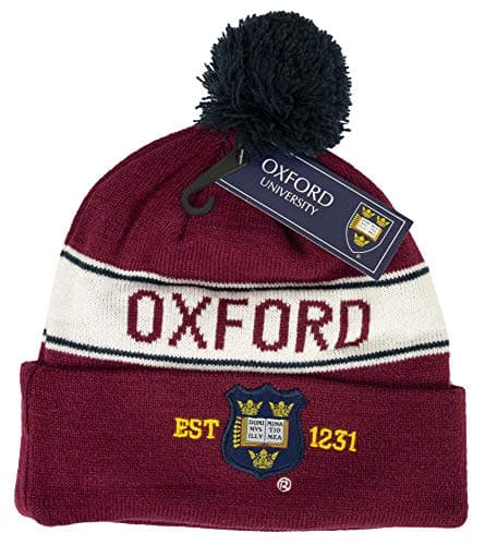 OUB102 Official Oxford University™ Pom Pom Beanie Hat Maroon | Unisex Woolly Winter Hat | Licensed Oxford Crest Embroidery | One Size Fits All — view 3