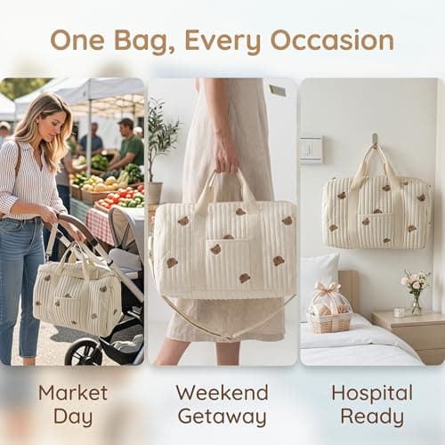 Hospital Bag , Diaper Baby Changing Bags for Mum , Travel Organiser Maternity Essentials Diapers Nappy Change Women Mommy Labor Delivery Large Pregnancy Duffle Cotton Tote Quilted Bag mit Pram Hooks — view 5