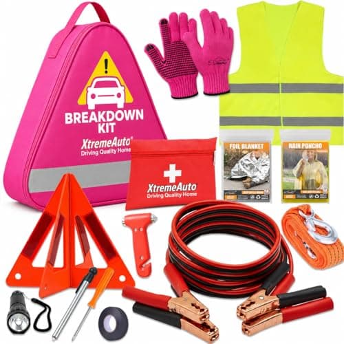 Xtremeauto Car Breakdown Emergency Kit – Roadside Car Safety Kit with Warning Triangle, Hi-Vis Vest, Tow Rope, Jumper Leads, First Aid Kit & Storage Case – Essential Car Kit for UK & Europe (Pink)