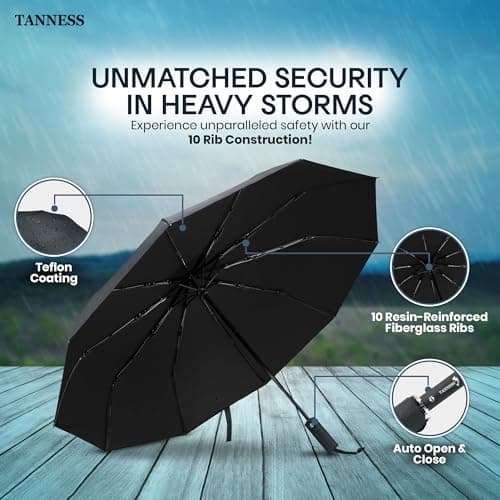 TANNESS Windproof Travel Umbrellas for Women and Men | 12 Rib - Automatic Folding Lightweight Compact Umbrella for Rain and Sun Protection | Ideal as Beach Umbrella and Patio | (Black) — view 2