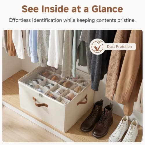 StorageWorks Shoe Organiser for Closet, Fits up to 16 Pairs, Fabric Shoe Organiser Box, Shoe Storage Organiser with Adjustable Dividers and Clear Cover, Wardrobe Shoe Storage Containers, Beige — view 5