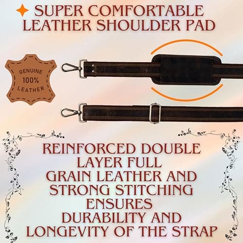 Hell Blues Bag Shoulder Strap - Genuine Leather with Brass Swivels Adjustable 57" Universal Replacement Strap for Laptop Bags, Luggage Duffel, Crossbody (145 cm) (Dark Rustic Brown) — view 2