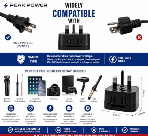 3 x Peak Power Type A to UK Plug Converter with Safety Fuse – Converts US, Chinese & Japanese 2-Pin Plugs to UK 3-Pin Socket – 250V 5A Fused Plug Adapter – Not a Voltage Converter (3) — view 3