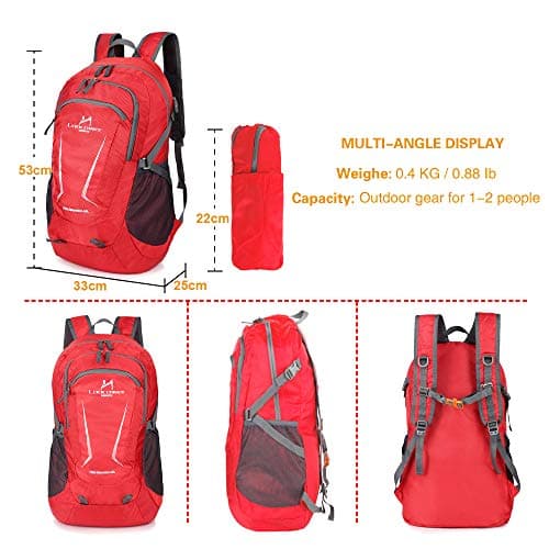 Loocower 45L Ultra Lightweight Foldable Backpack Hiking Daypack Walking Rucksack Water Resistant Packable Camping Mountaineer Outdoor Sport Knapsack for Men Women-Red — view 2